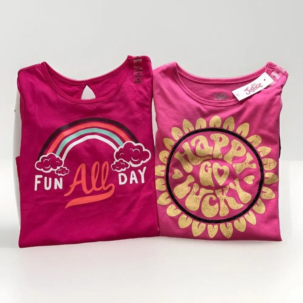 Lot of 2 Justice Girls 10 T-Shirt Pink Short Sleeve Tee Graphic Print Pullover